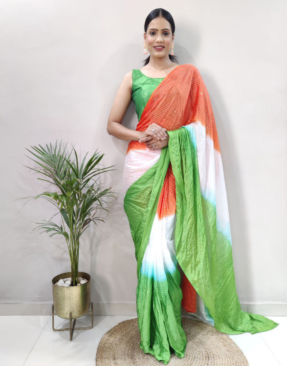 Multi Colour Chinon Silk Ready To Wear Saree With Belt