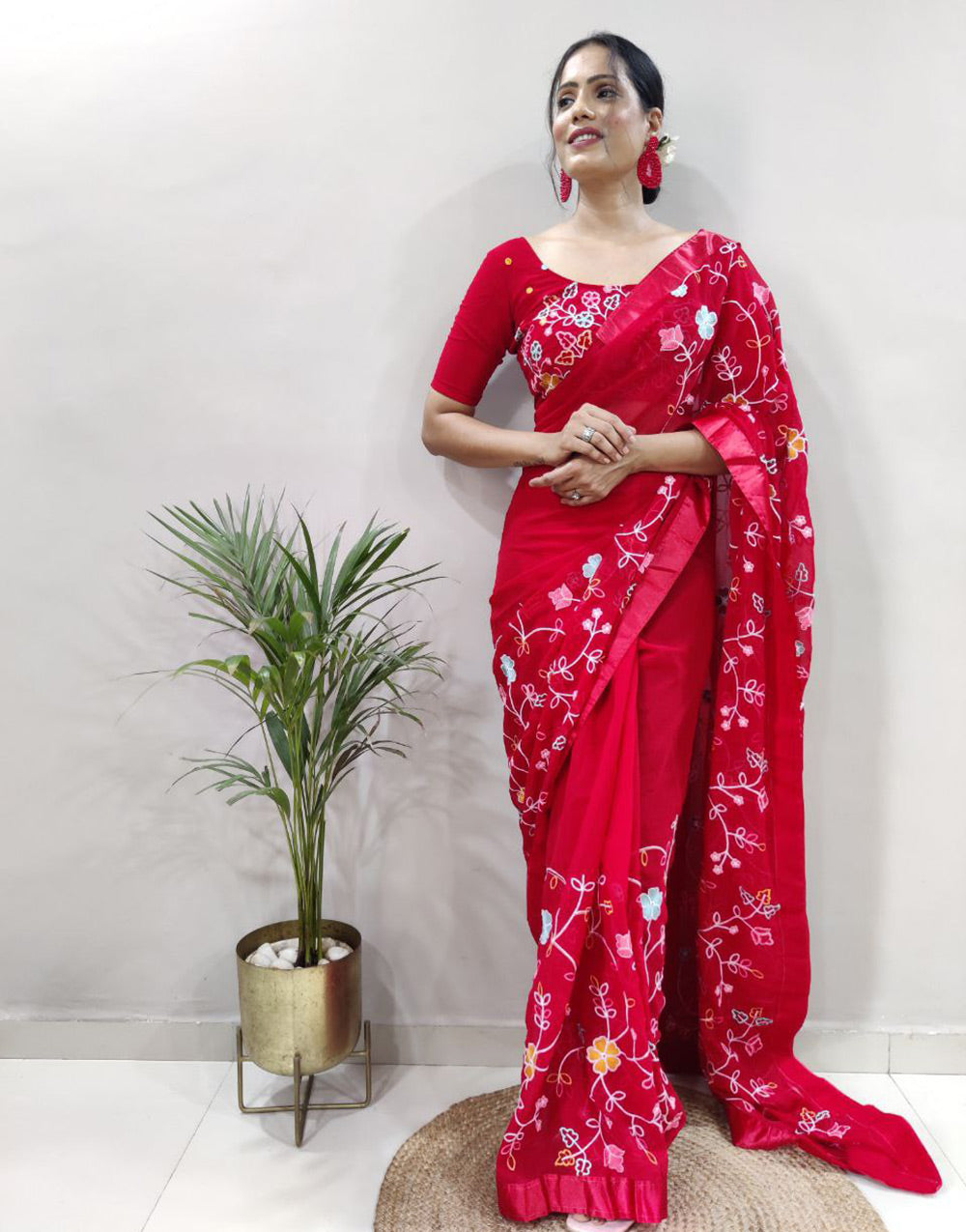 Red Georgette Ready To Wear Saree With Belt
