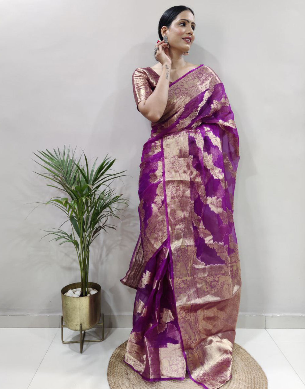 Purple Organza Silk Zari Weaving Ready To Wear Saree