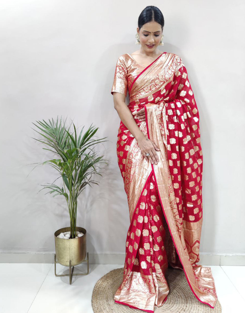 Red Viscose Silk Zari Weaving Ready To Wear Saree