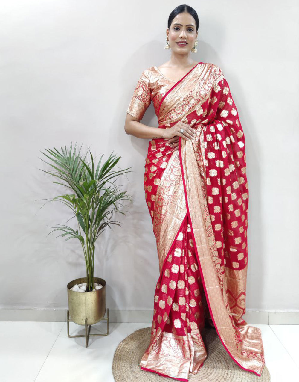 Red Viscose Silk Zari Weaving Ready To Wear Saree