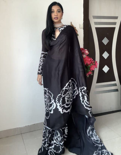 Black Satin Silk Digital Printed Ready To Wear Saree