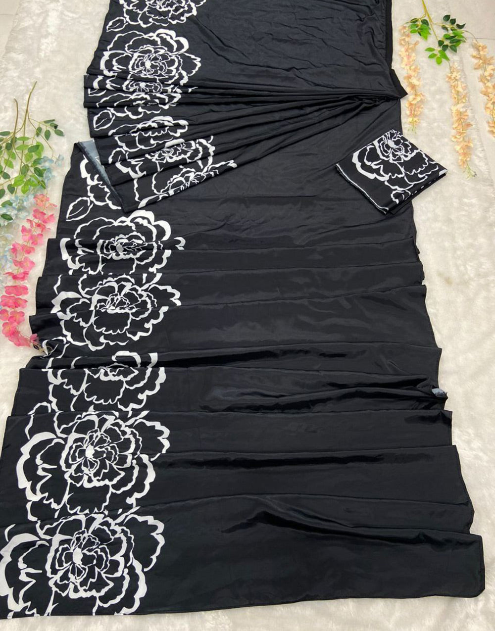 Black Satin Silk Digital Printed Ready To Wear Saree