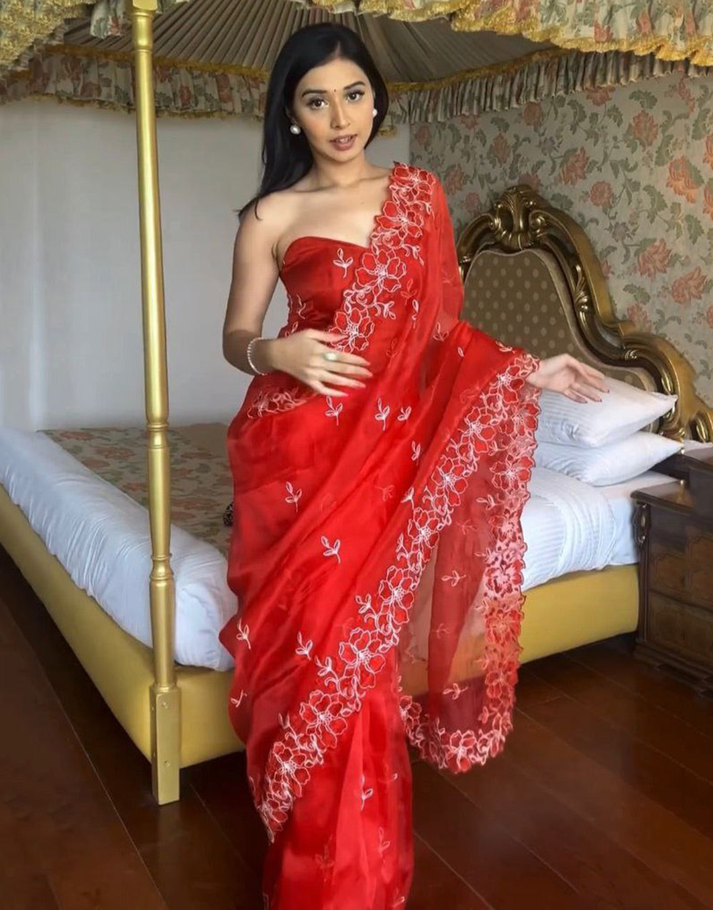 Red Organza Silk With Embroidery Ready To Wear Saree