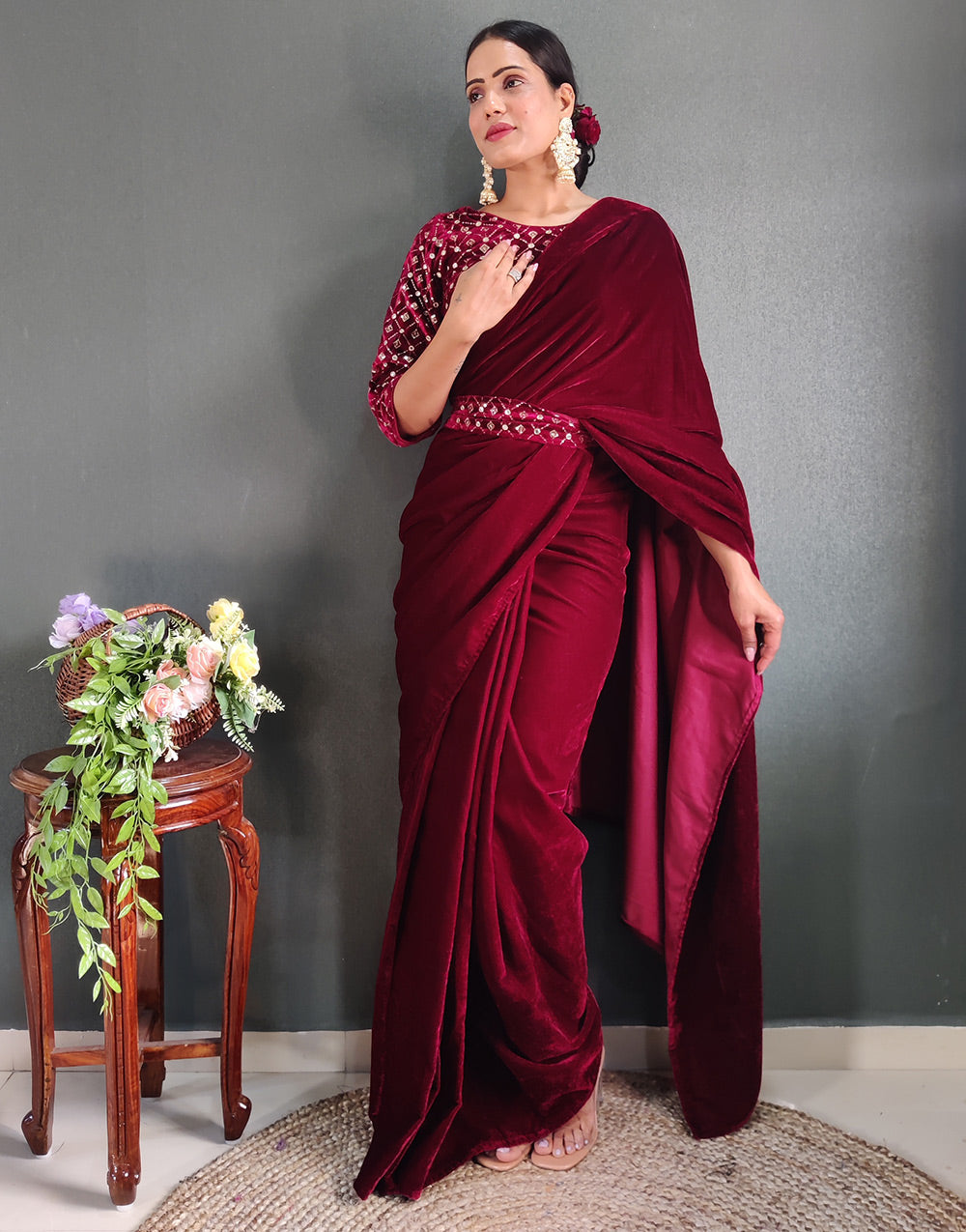 Maroon Velvet Embroidery & Sequence Ready To Wear Saree