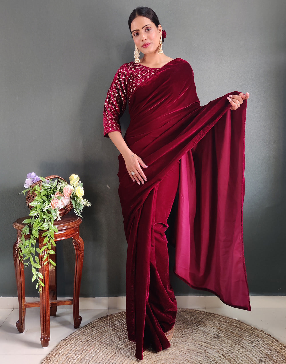 Maroon Velvet Embroidery & Sequence Ready To Wear Saree