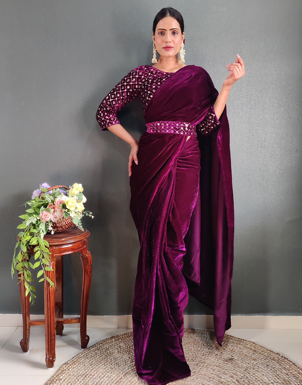 Wine Velvet Embroidery & Sequence Ready To Wear Saree