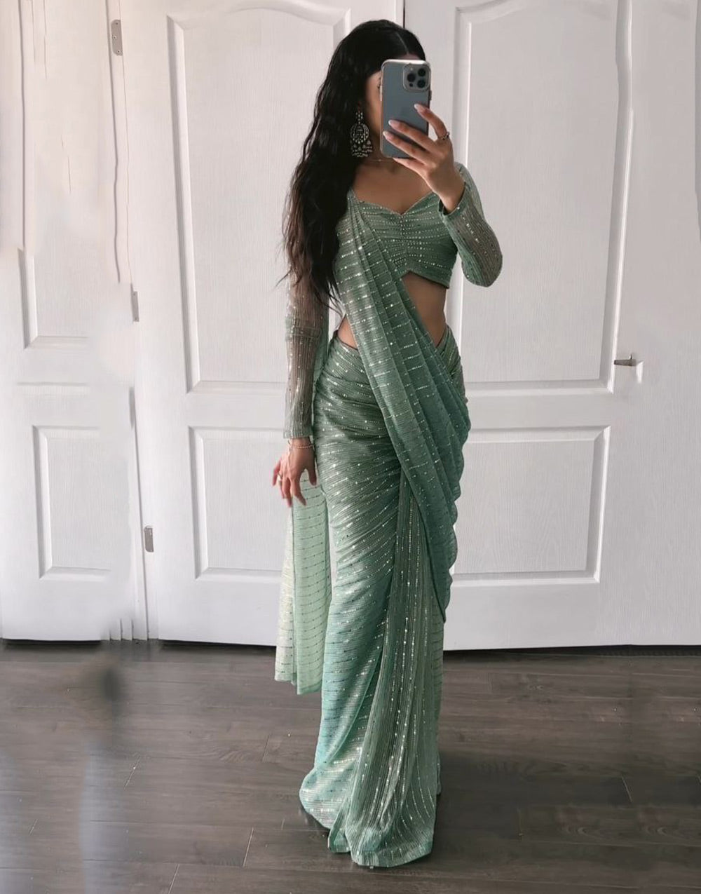 Goddess Green Net Sequence Ready To Wear Saree