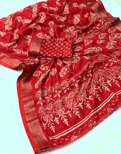 Red Dola Silk Saree With Sequence Work & Weaving Border