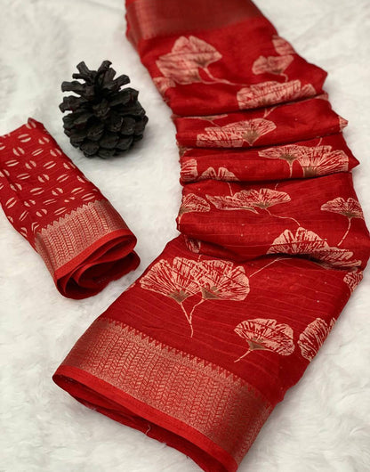 Red Dola Silk Saree With Sequence Work & Weaving Border