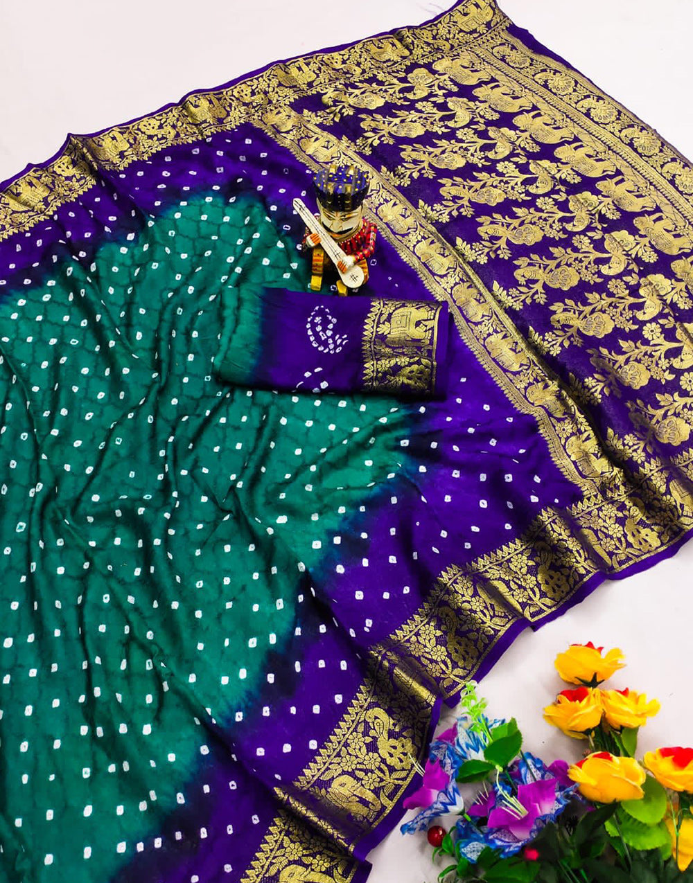 Purple & Pine Green Hand Bandhej Bandhani Saree With Weaving Work