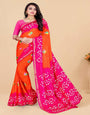 Orange & Pink Silk Saree With Hand Bandhej Work