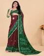 Maroon & Green Silk Saree With Hand Bandhej Work