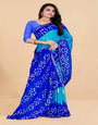 Sky Blue & Blue Silk Saree With Hand Bandhej Work