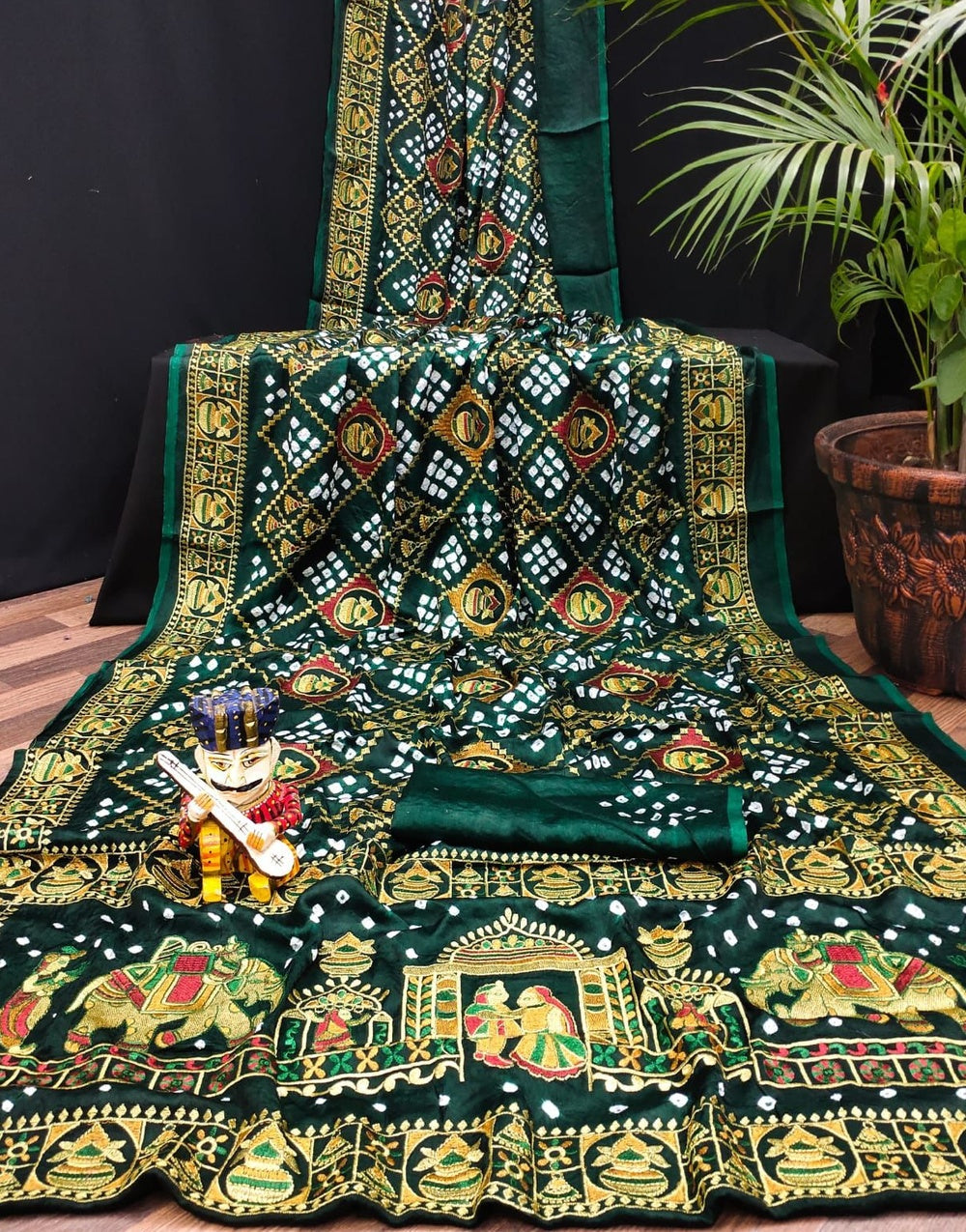 Dark Green Gajji Silk Bandhej With Zari Weaving Work