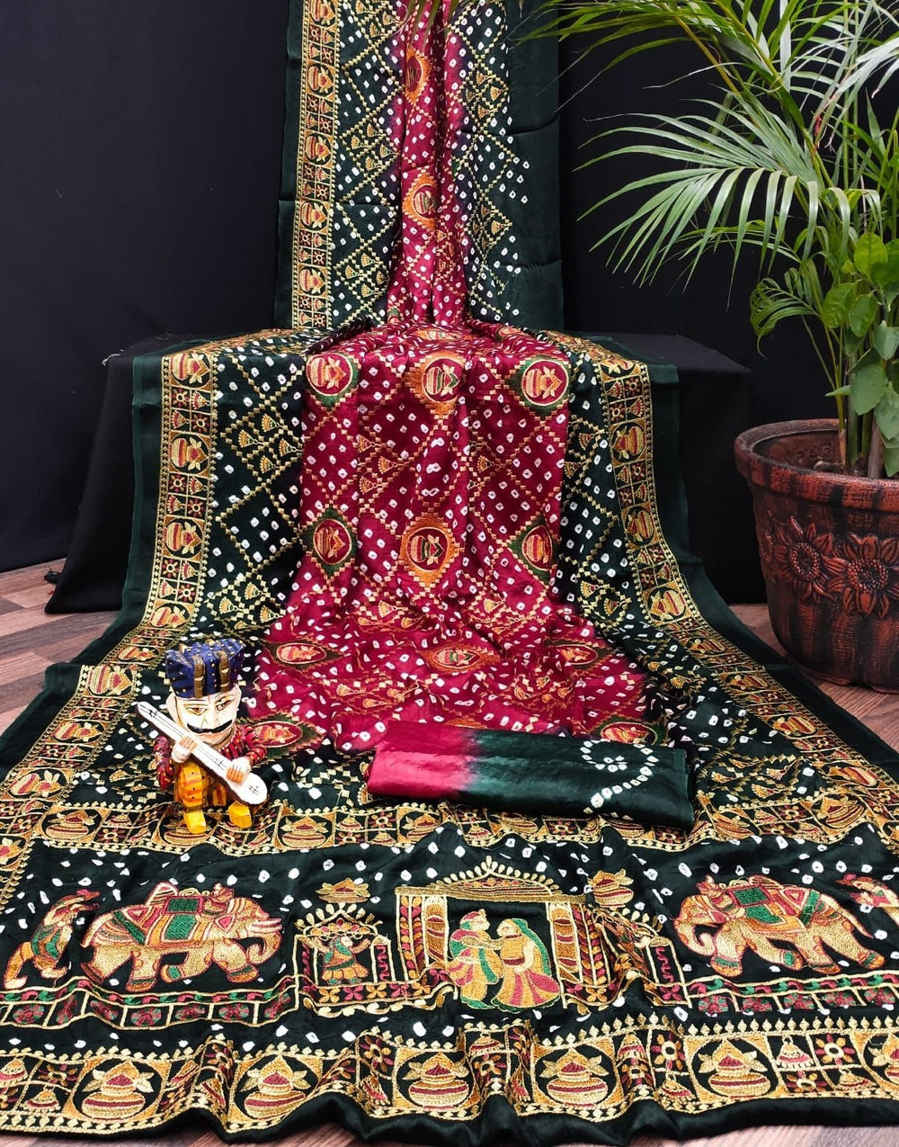 Pink & Green Gajji Silk Bandhej With Embroidery Work