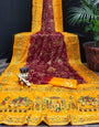 Yellow & Dark Maroon Gajji Silk Bandhej With Embroidery Work