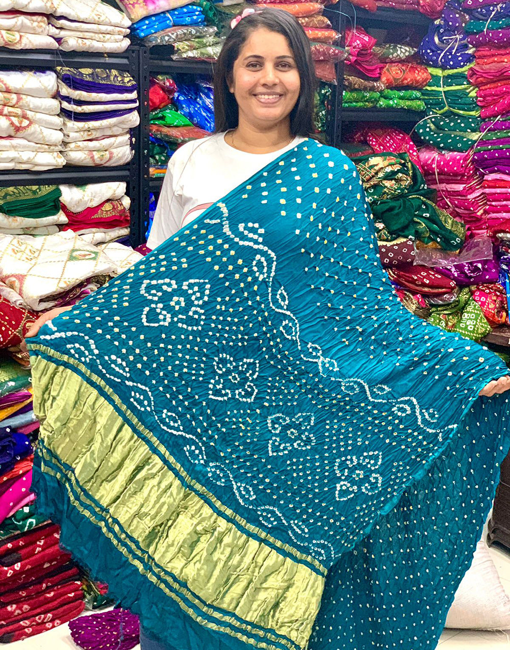 Sky Blue Gajji Silk With Block Printed & Weaving Pallu Bandhani Saree