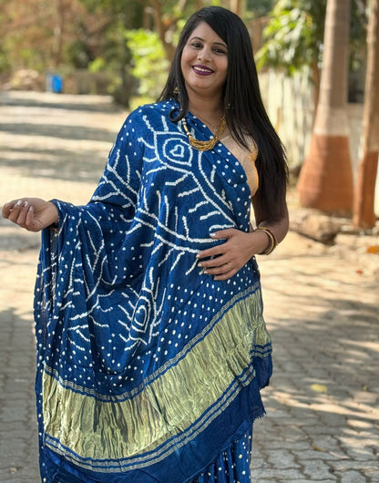 Indigo Blue Gajji Silk Bandhani With Lgadi Patta Saree