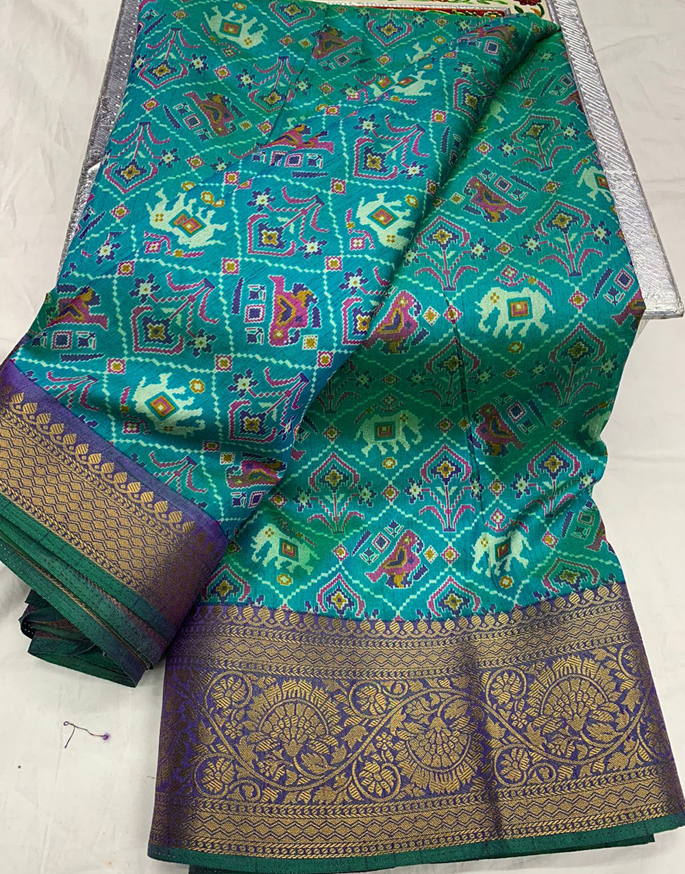 Rama Blue Patola Saree With Zari Weaving Work