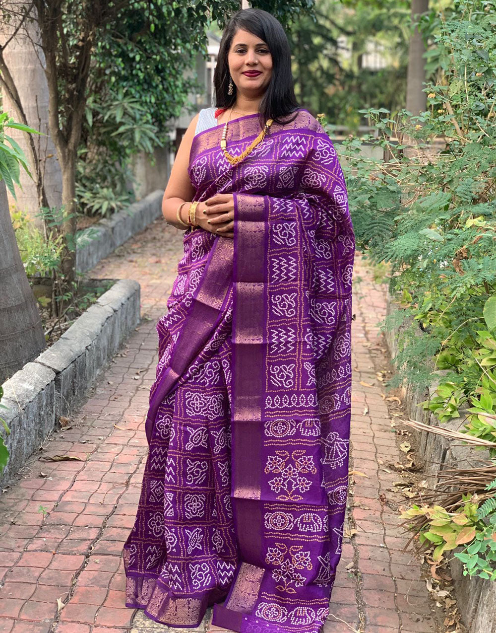 Dark Purple Hand Bandhej Bandhani Saree With Weaving Work