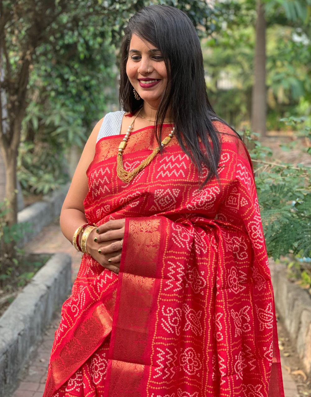 Red Hand Bandhej Bandhani Saree With Weaving Work