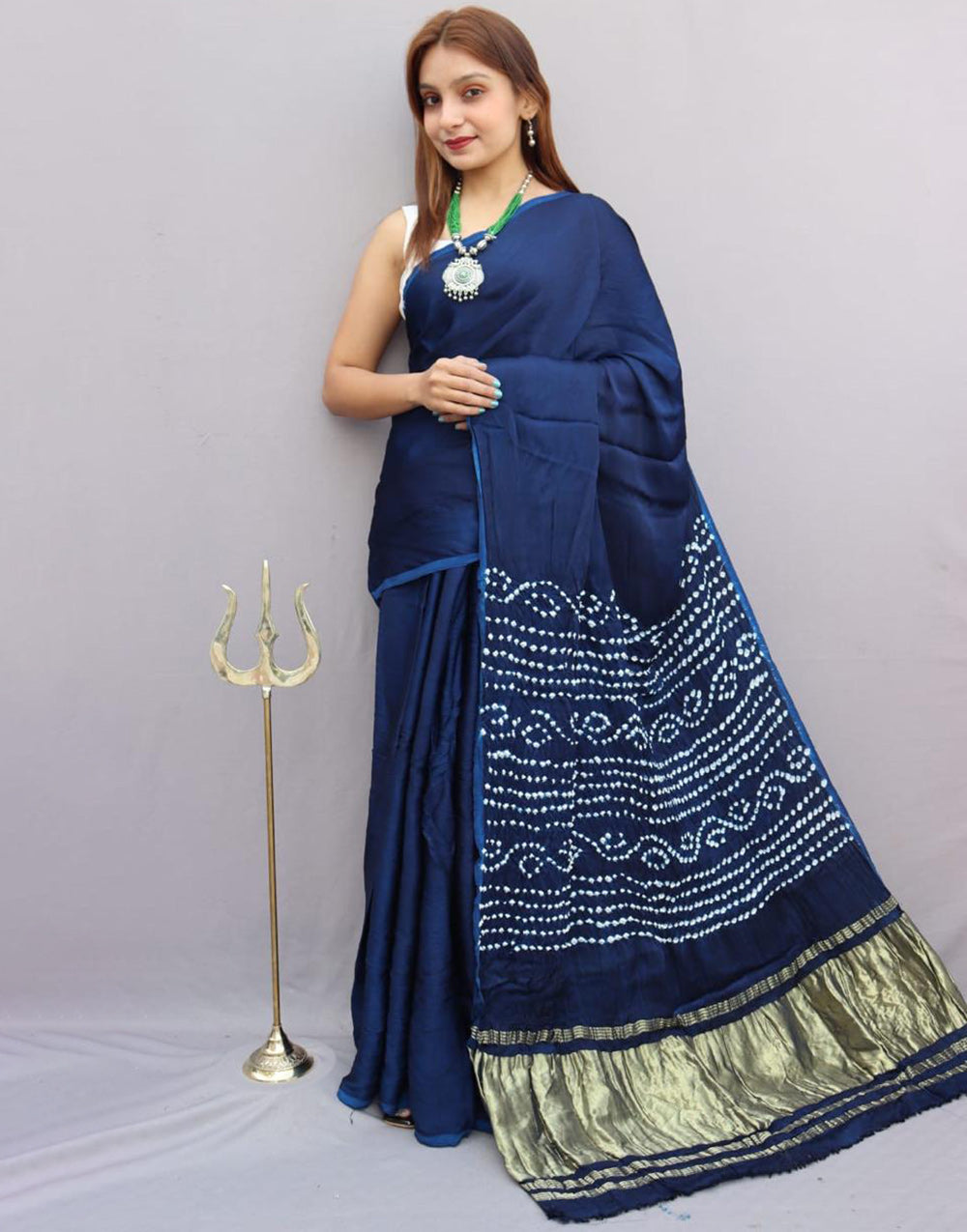 Denim blue Gajji Silk With Bandhani Printed Saree