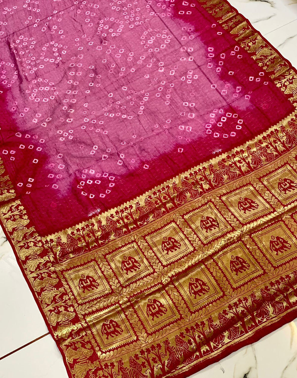 Mulberry Pink Hand Bandhej Bandhani Saree With Weaving Border