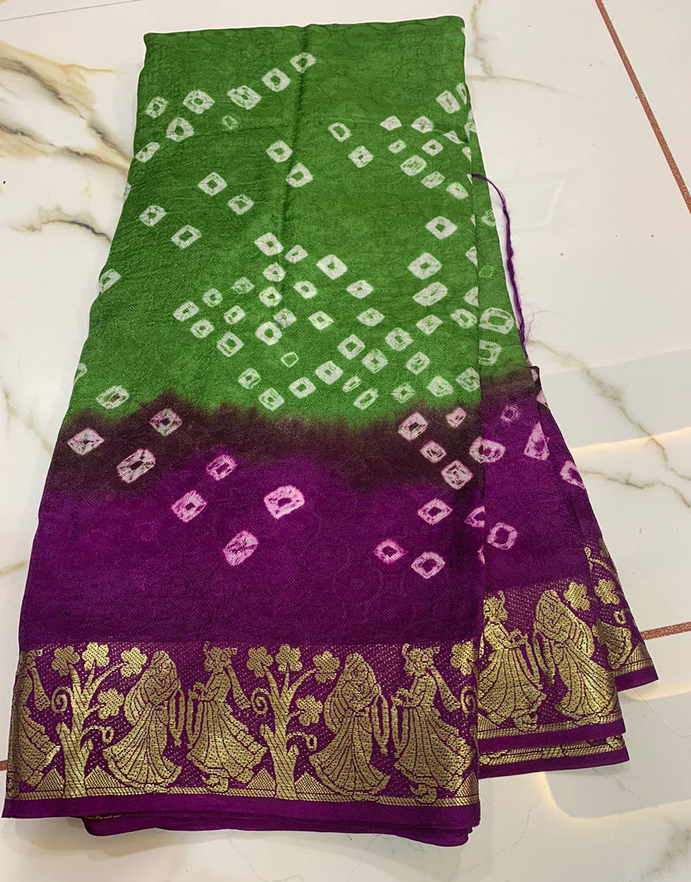 Green & Purple Hand Bandhej Bandhani Saree With Weaving Border