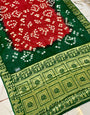 Red & Green Hand Bandhej Bandhani Saree With Weaving Border