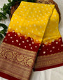 Yellow & Brown Bandhej Saree With Zari weaving Work