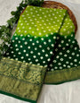 Lime Green & Green Hand Bandhej Saree With Zari weaving Work