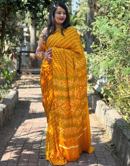 Dark Yellow Dola Silk Bandhani Printed Saree