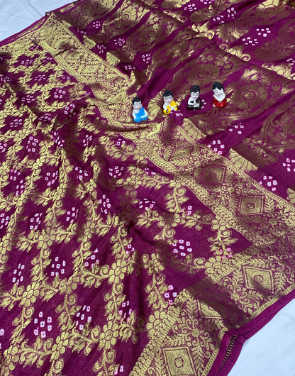 Mulberry Purple Bandhani Saree With Block Print And Weaving Work