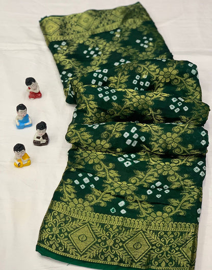 Dark Green Bandhani Saree With Block Print And Weaving Work