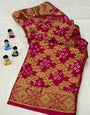 Rani Pink Bandhani Saree With Block Print And Weaving Work