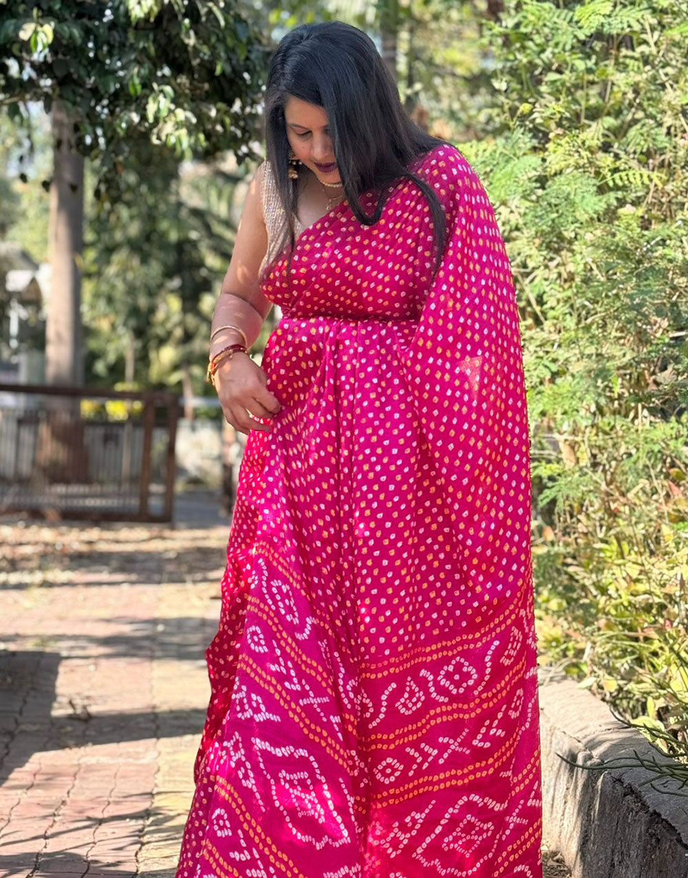 Rani Pink Dola Silk Bandhani Printed Saree