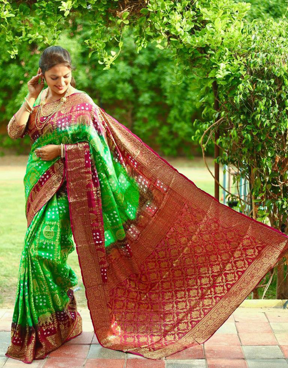 Pastel Green & Maroon Art Silk Bandhej Saree With Heavy Zari Waving Work