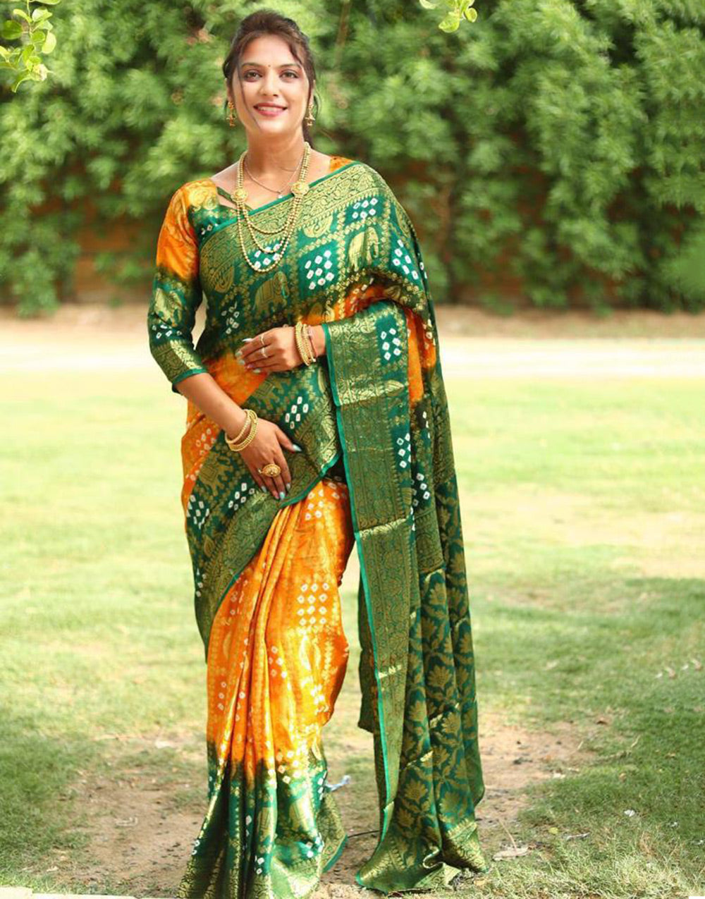 Green & Yellow Art Silk Bandhej Saree With Heavy Zari Waving Work