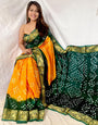 Green & Yellow Hand Bandhej Bandhani Saree With Weaving Border