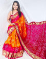 Rani Pink & Orange Hand Bandhej Bandhani Saree With Weaving Border