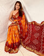 Red & Orange Hand Bandhej Bandhani Saree With Weaving Border