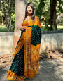 Green & Mustard Yellow Gajji Silk Hand Bandhej Bandhani Saree