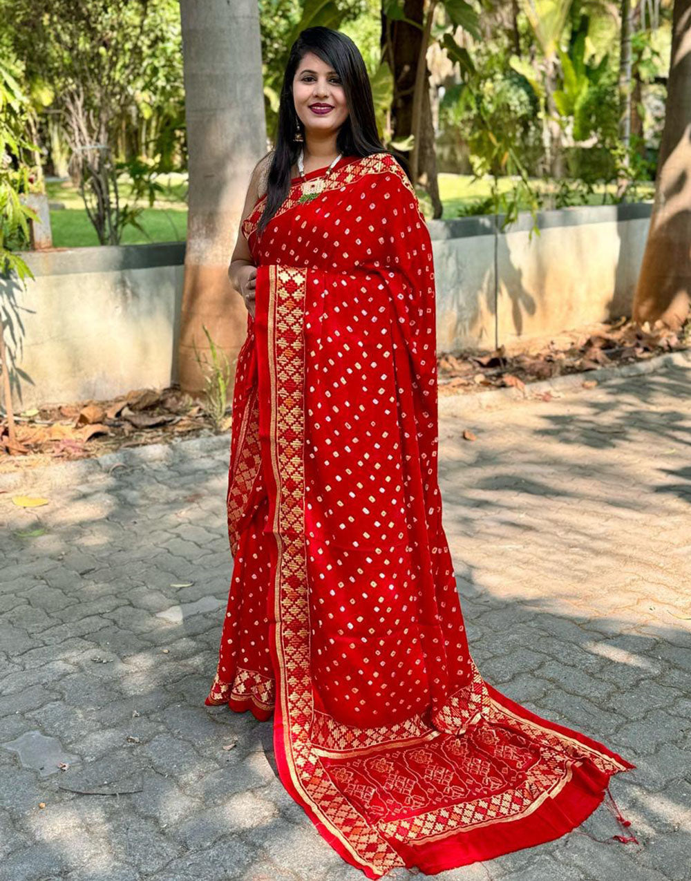 Dark Red Gajji Silk Hand Bandhej Bandhani Saree