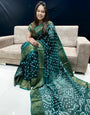 Dark Green Hand Bandhej Bandhani Saree With Zari Weaving Work
