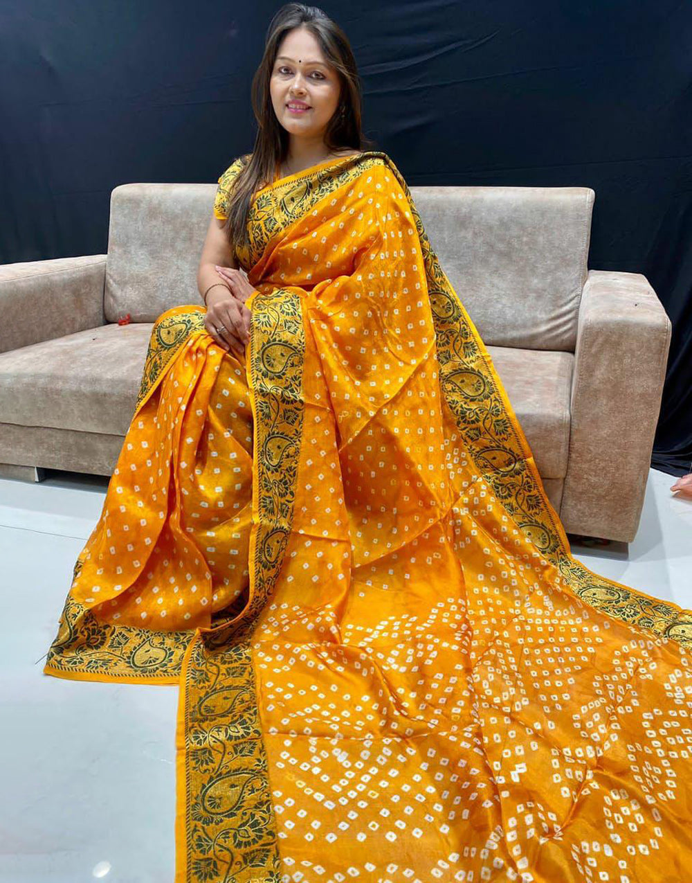 Yellow Hand Bandhej Bandhani Saree With Zari Weaving Work