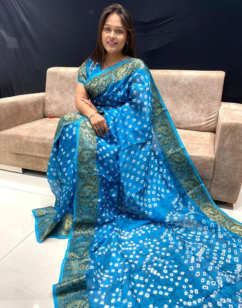 True Blue Hand Bandhej Bandhani Saree With Zari Weaving Work