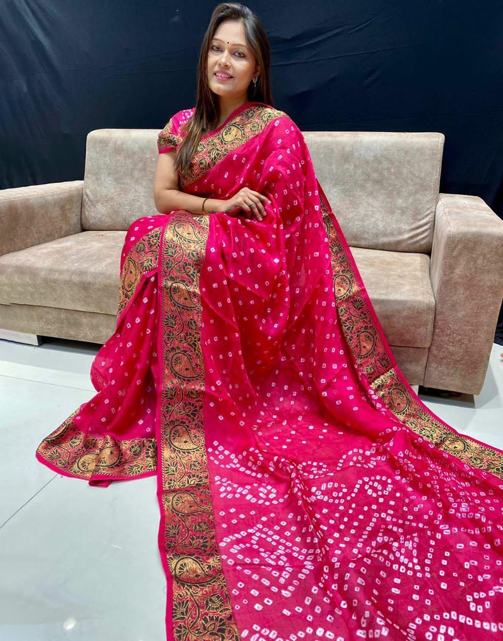 Rani Pink Hand Bandhej Bandhani Saree With Zari Weaving Work