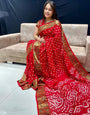 Red Hand Bandhej Bandhani Saree With Zari Weaving Work