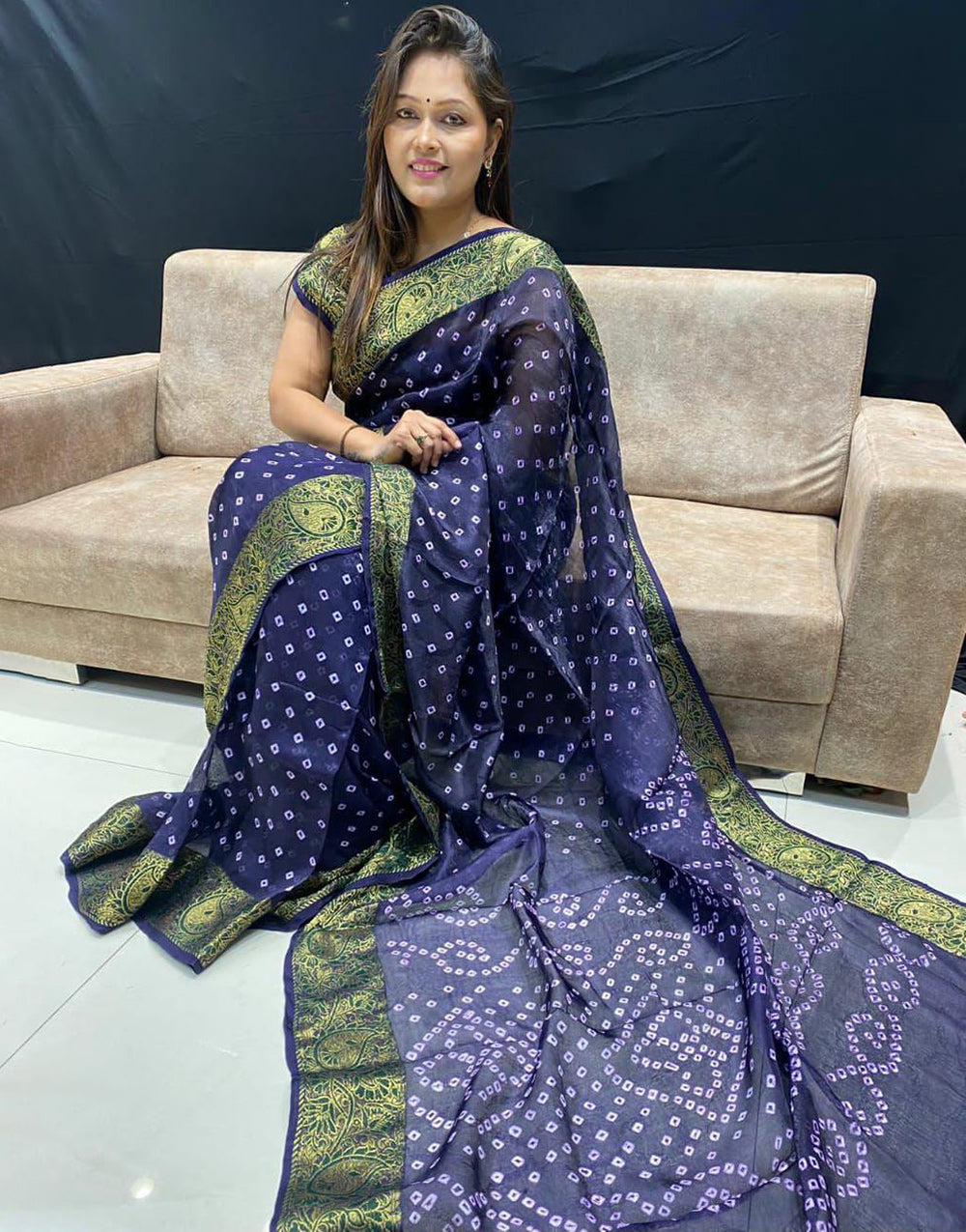 Royal Blue Bandhej Bandhani Saree With Zari Weaving Work